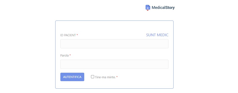 Pagina MedicalStory cu câmpurile ID PACIENT și Parola