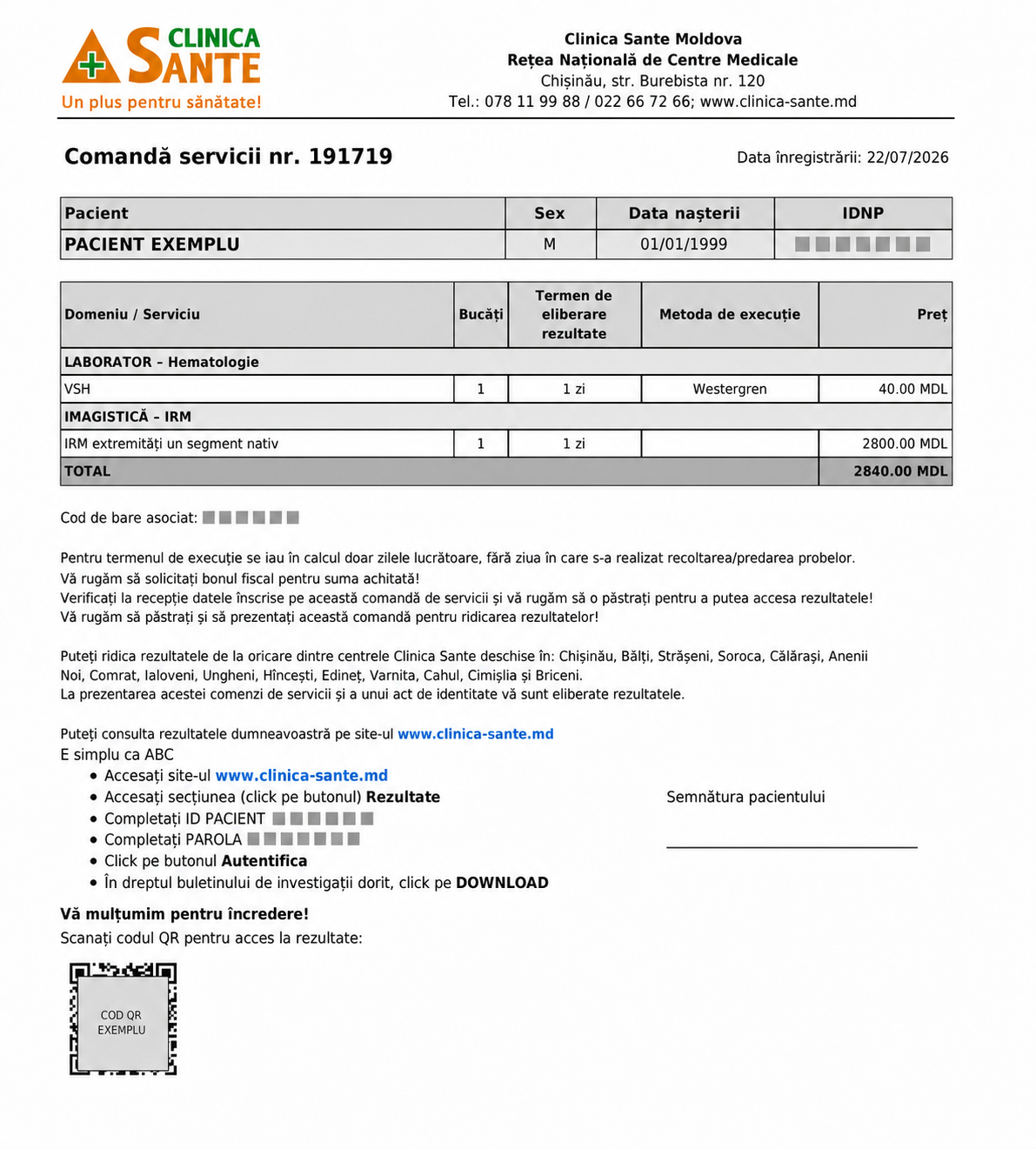 Exemplu anonimizat de Comandă de servicii Clinica Sante